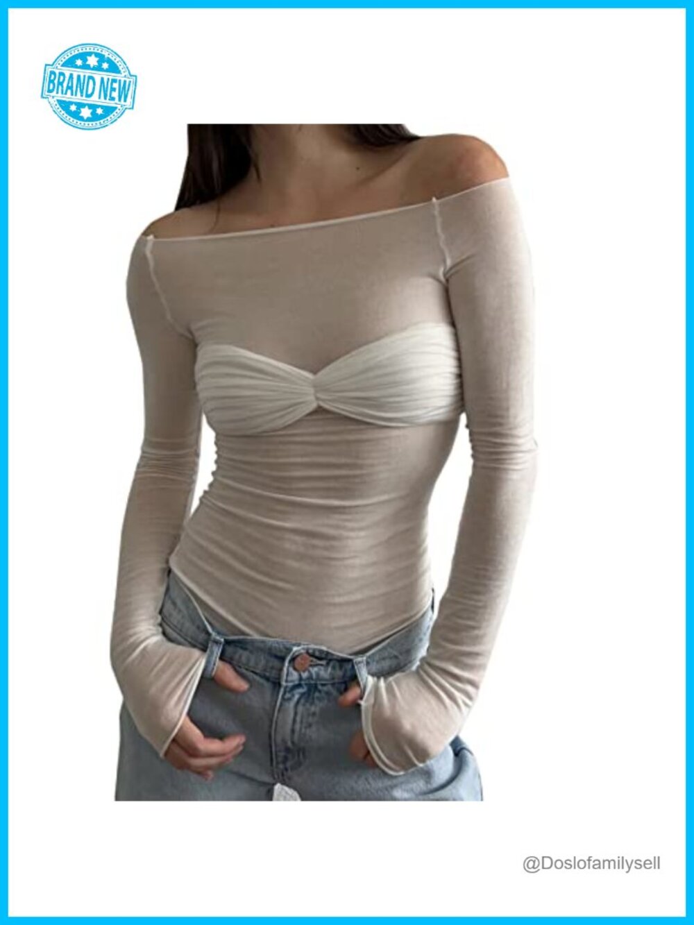 Women Mesh Long Sleeve Off Shoulder Twisted Sheer Blouse Crop Top